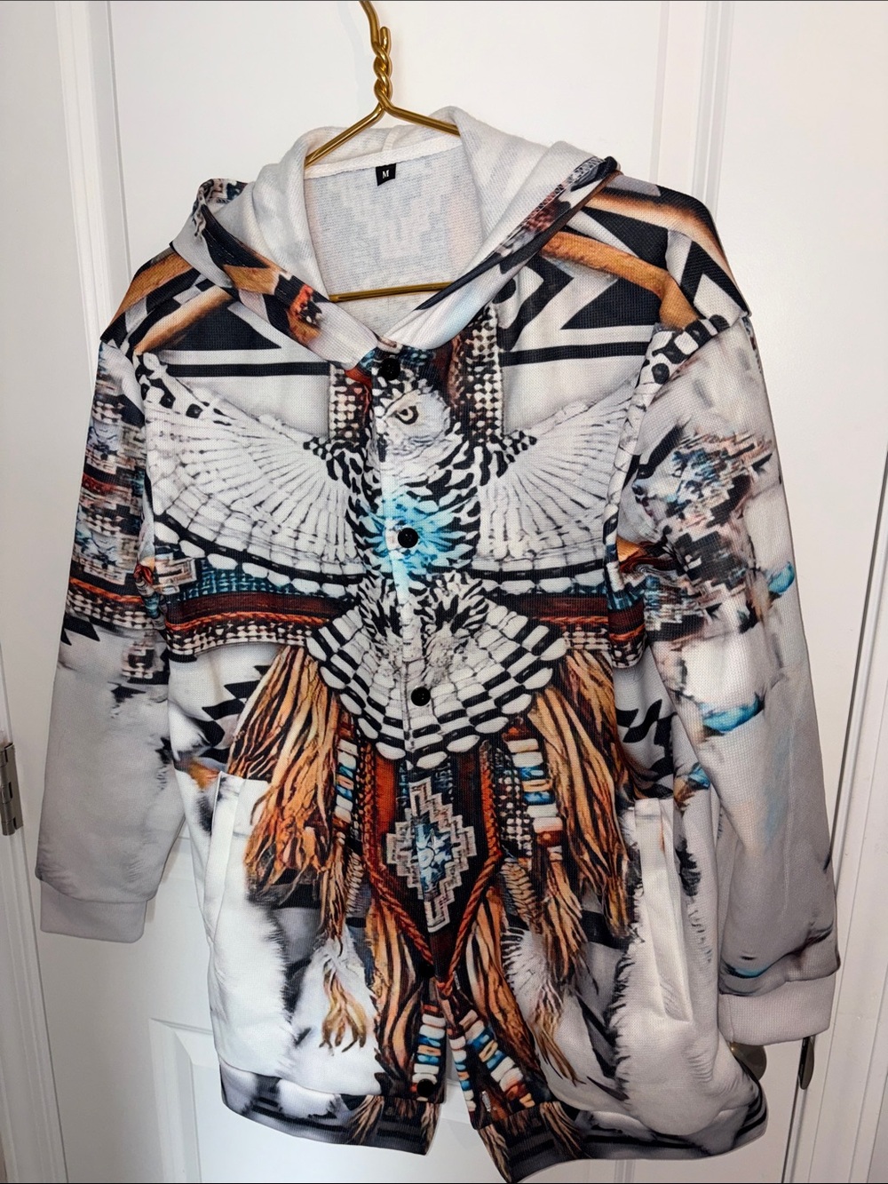 Feather Graphic Hooded Button Up Sweatshirt in White and Brown